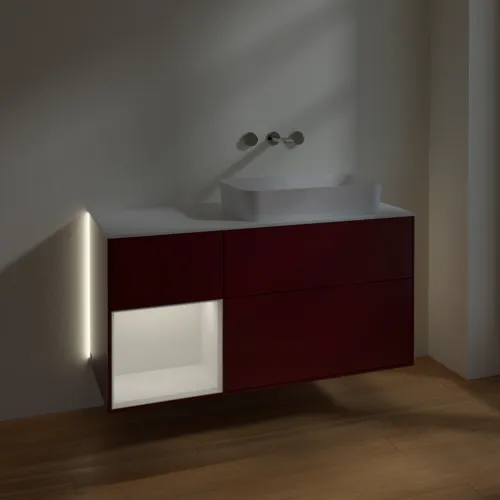 Bild von VILLEROY BOCH Finion Waschbeckenunterschrank, mit Beleuchtung, 3 Auszüge, 1200 x 603 x 501 mm, Peony Matt Lacquer / Glossy White Lacquer / Glass White Matt #G681GFHB