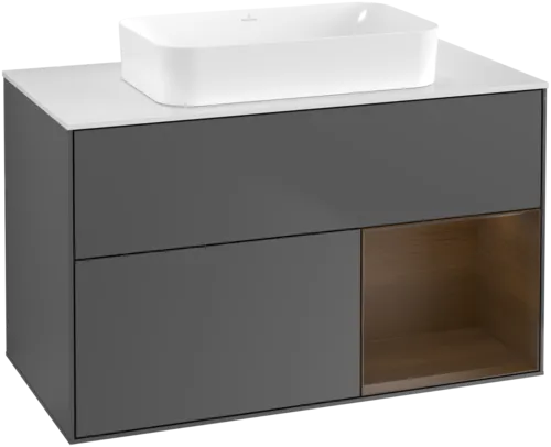 Bild von VILLEROY BOCH Finion Waschbeckenunterschrank, mit Beleuchtung, 2 Auszüge, 1000 x 603 x 501 mm, Anthracite Matt Lacquer / Walnut Veneer / Glass White Matt #G661GNGK