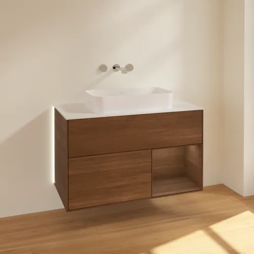 Obrázek VILLEROY BOCH Finion Vanity unit, with lighting, 2 pull-out compartments, 1000 x 603 x 501 mm, Walnut Veneer / Walnut Veneer / Glass White Matt #G661GNGN