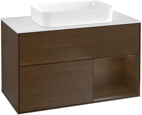 Bild von VILLEROY BOCH Finion Waschbeckenunterschrank, mit Beleuchtung, 2 Auszüge, 1000 x 603 x 501 mm, Walnut Veneer / Walnut Veneer / Glass White Matt #G661GNGN