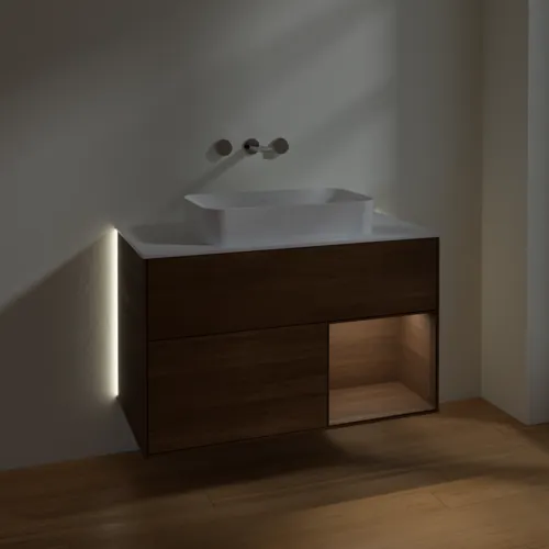 Obrázek VILLEROY BOCH Finion Vanity unit, with lighting, 2 pull-out compartments, 1000 x 603 x 501 mm, Walnut Veneer / Walnut Veneer / Glass White Matt #G661GNGN