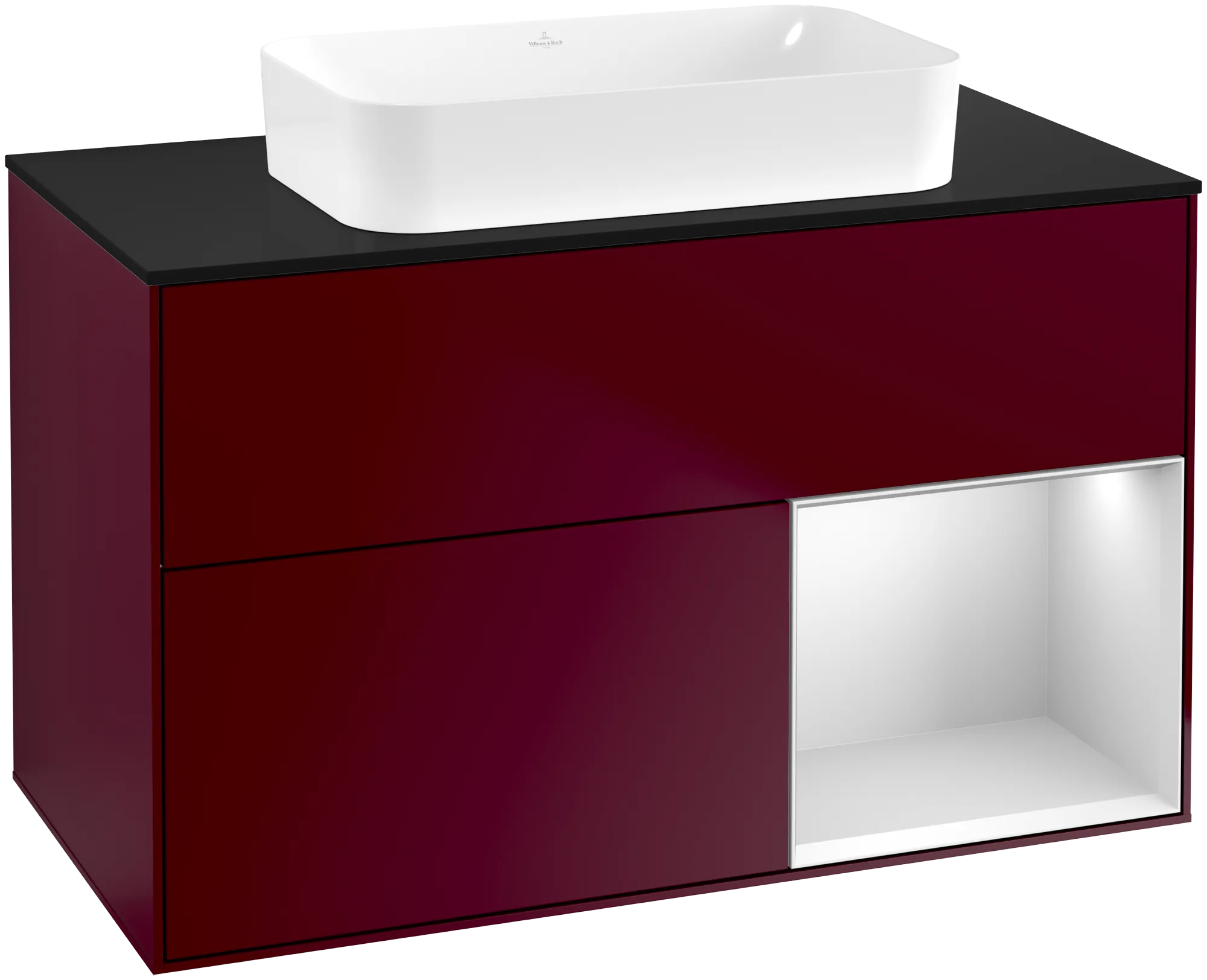 Bild von VILLEROY BOCH Finion Waschbeckenunterschrank, mit Beleuchtung, 2 Auszüge, 1000 x 603 x 501 mm, Peony Matt Lacquer / White Matt Lacquer / Glass Black Matt #G662MTHB