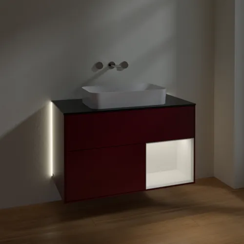 Bild von VILLEROY BOCH Finion Waschbeckenunterschrank, mit Beleuchtung, 2 Auszüge, 1000 x 603 x 501 mm, Peony Matt Lacquer / White Matt Lacquer / Glass Black Matt #G662MTHB