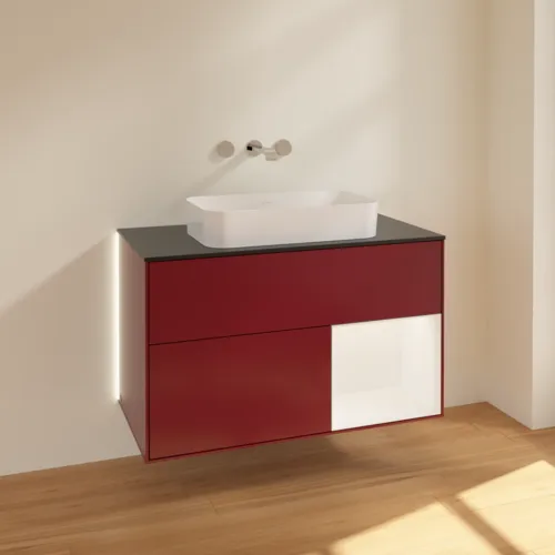 Bild von VILLEROY BOCH Finion Waschbeckenunterschrank, mit Beleuchtung, 2 Auszüge, 1000 x 603 x 501 mm, Peony Matt Lacquer / White Matt Lacquer / Glass Black Matt #G662MTHB