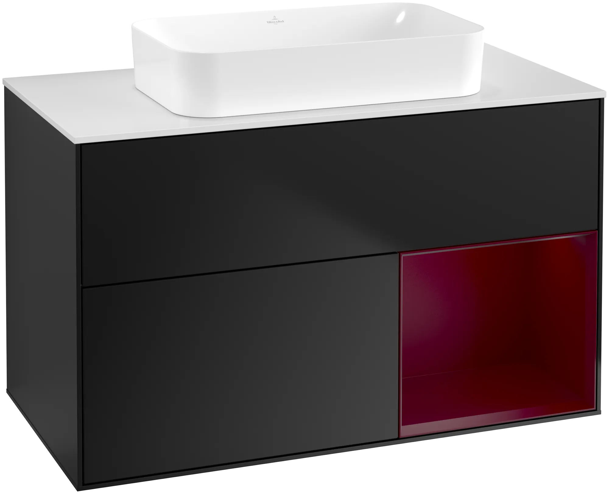 Bild von VILLEROY BOCH Finion Waschbeckenunterschrank, mit Beleuchtung, 2 Auszüge, 1000 x 603 x 501 mm, Black Matt Lacquer / Peony Matt Lacquer / Glass White Matt #G661HBPD
