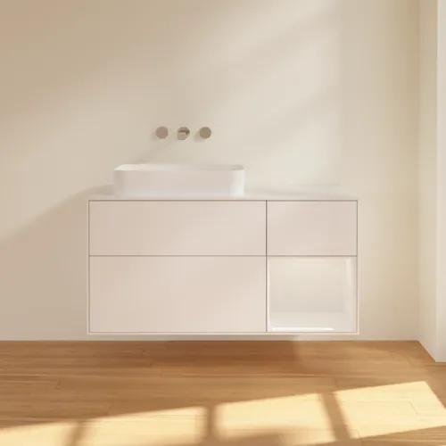 Bild von VILLEROY BOCH Finion Waschbeckenunterschrank, mit Beleuchtung, 3 Auszüge, 1200 x 603 x 501 mm, White Matt Lacquer / Glossy White Lacquer / Glass White Matt #G691GFMT