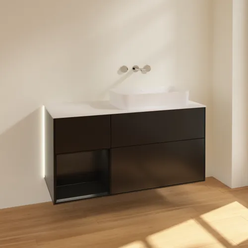 Bild von VILLEROY BOCH Finion Waschbeckenunterschrank, mit Beleuchtung, 3 Auszüge, 1200 x 603 x 501 mm, Black Matt Lacquer / Black Matt Lacquer / Glass White Matt #G681PDPD