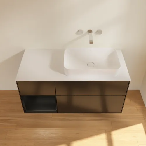 Bild von VILLEROY BOCH Finion Waschbeckenunterschrank, mit Beleuchtung, 3 Auszüge, 1200 x 603 x 501 mm, Black Matt Lacquer / Black Matt Lacquer / Glass White Matt #G681PDPD