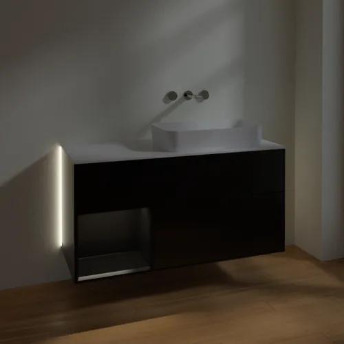 Bild von VILLEROY BOCH Finion Waschbeckenunterschrank, mit Beleuchtung, 3 Auszüge, 1200 x 603 x 501 mm, Black Matt Lacquer / Black Matt Lacquer / Glass White Matt #G681PDPD