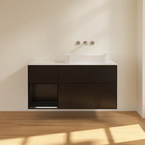 Bild von VILLEROY BOCH Finion Waschbeckenunterschrank, mit Beleuchtung, 3 Auszüge, 1200 x 603 x 501 mm, Black Matt Lacquer / Black Matt Lacquer / Glass White Matt #G681PDPD