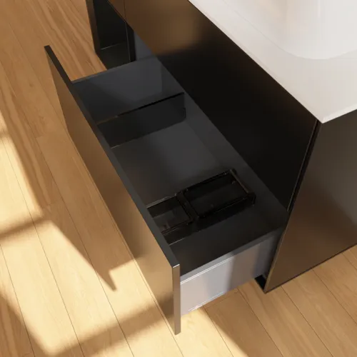 Bild von VILLEROY BOCH Finion Waschbeckenunterschrank, mit Beleuchtung, 3 Auszüge, 1200 x 603 x 501 mm, Black Matt Lacquer / Black Matt Lacquer / Glass White Matt #G681PDPD