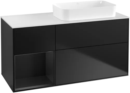 Bild von VILLEROY BOCH Finion Waschbeckenunterschrank, mit Beleuchtung, 3 Auszüge, 1200 x 603 x 501 mm, Black Matt Lacquer / Black Matt Lacquer / Glass White Matt #G681PDPD