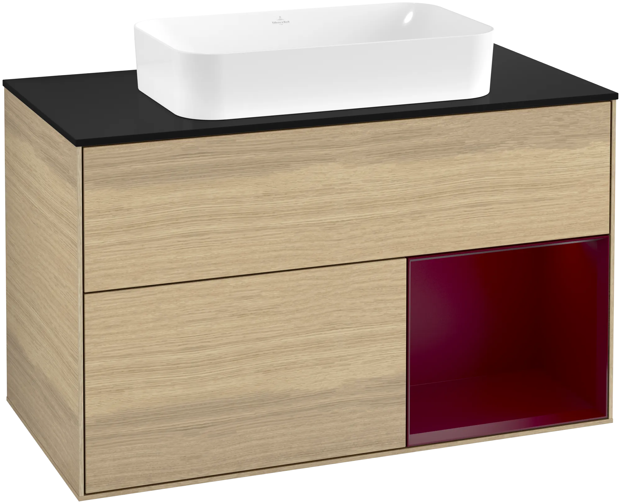 Bild von VILLEROY BOCH Finion Waschbeckenunterschrank, mit Beleuchtung, 2 Auszüge, 1000 x 603 x 501 mm, Oak Veneer / Peony Matt Lacquer / Glass Black Matt #G662HBPC