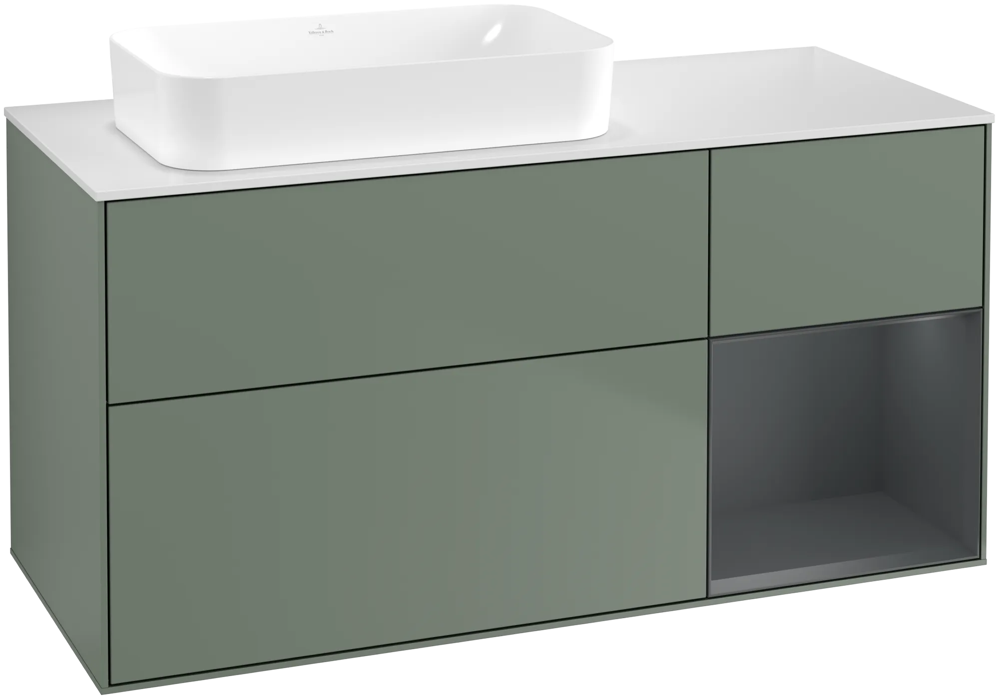 Bild von VILLEROY BOCH Finion Waschbeckenunterschrank, mit Beleuchtung, 3 Auszüge, 1200 x 603 x 501 mm, Olive Matt Lacquer / Midnight Blue Matt Lacquer / Glass White Matt #G691HGGM