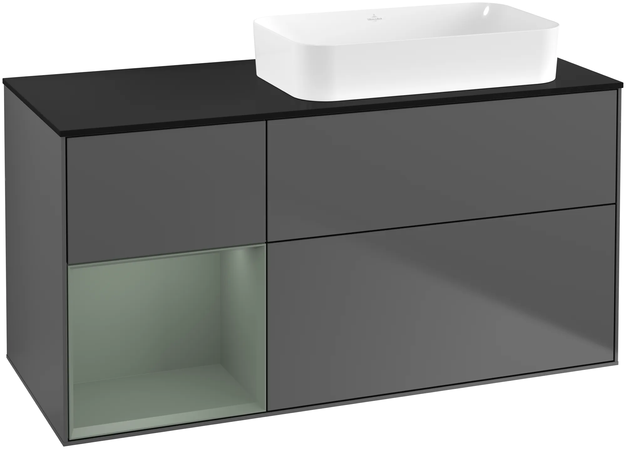 Bild von VILLEROY BOCH Finion Waschbeckenunterschrank, mit Beleuchtung, 3 Auszüge, 1200 x 603 x 501 mm, Anthracite Matt Lacquer / Olive Matt Lacquer / Glass Black Matt #G682GMGK