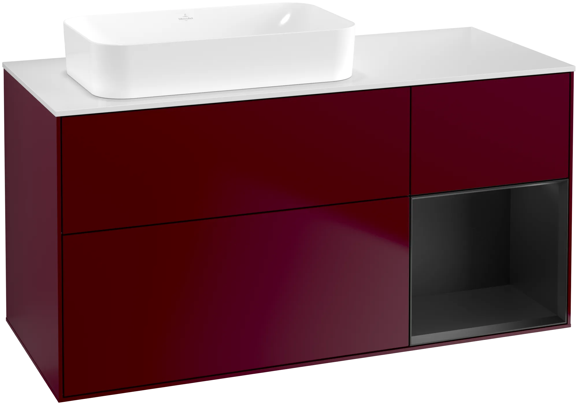 Bild von VILLEROY BOCH Finion Waschbeckenunterschrank, mit Beleuchtung, 3 Auszüge, 1200 x 603 x 501 mm, Peony Matt Lacquer / Black Matt Lacquer / Glass White Matt #G691PDHB