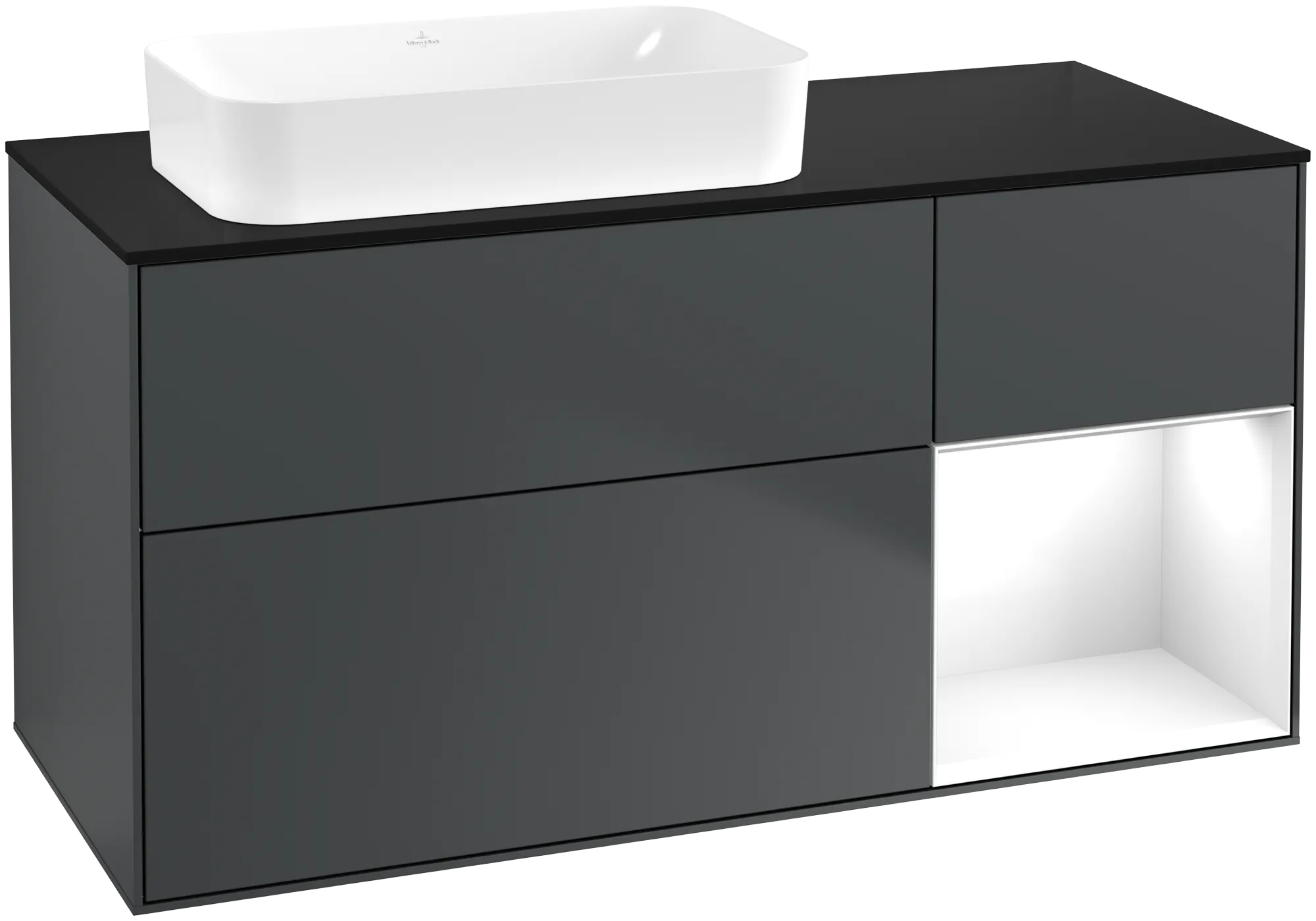 Bild von VILLEROY BOCH Finion Waschbeckenunterschrank, mit Beleuchtung, 3 Auszüge, 1200 x 603 x 501 mm, Midnight Blue Matt Lacquer / Glossy White Lacquer / Glass Black Matt #G692GFHG