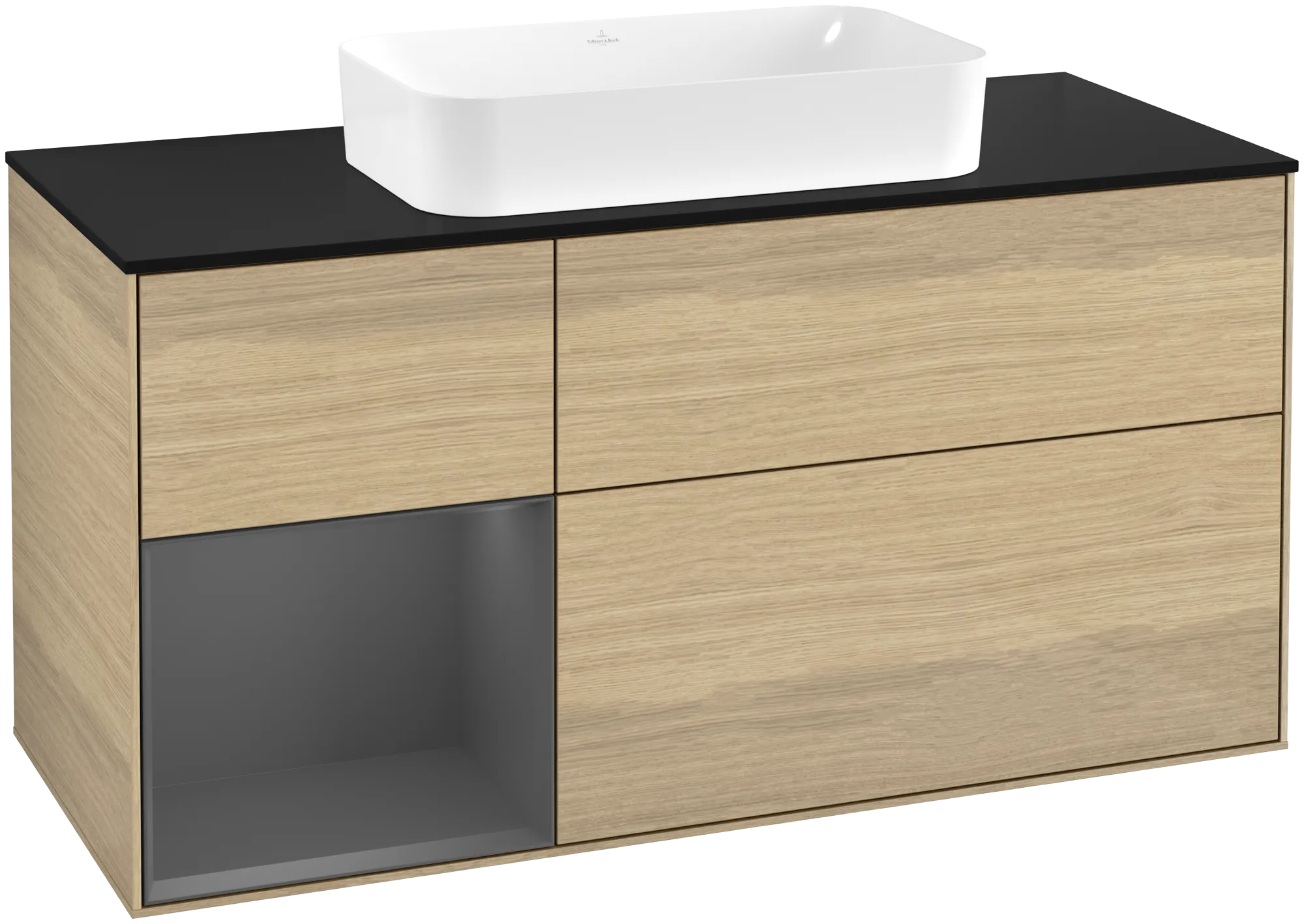Bild von VILLEROY BOCH Finion Waschbeckenunterschrank, mit Beleuchtung, 3 Auszüge, 1200 x 603 x 501 mm, Oak Veneer / Anthracite Matt Lacquer / Glass Black Matt #G702GKPC