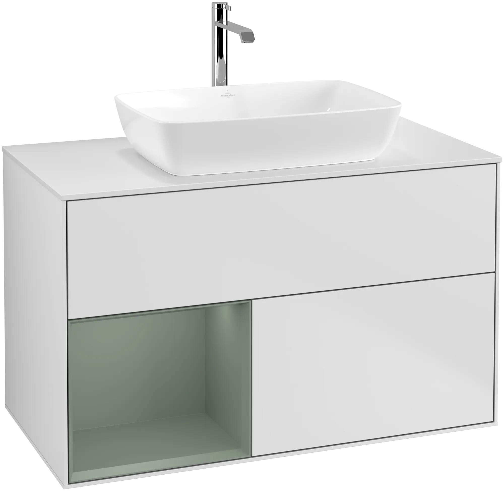 Bild von VILLEROY BOCH Finion Waschbeckenunterschrank, mit Beleuchtung, 2 Auszüge, 1000 x 603 x 501 mm, White Matt Lacquer / Olive Matt Lacquer / Glass White Matt #G771GMMT