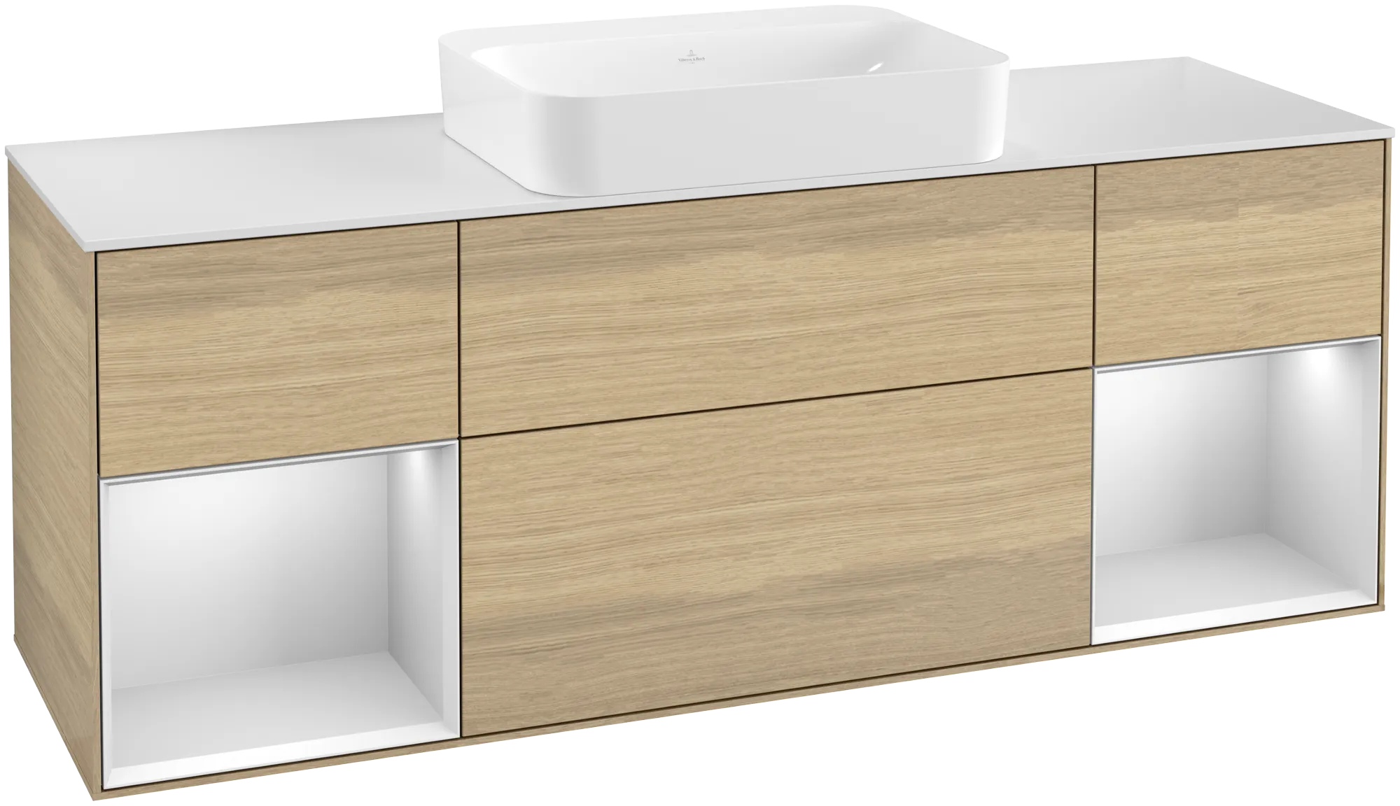 Bild von VILLEROY BOCH Finion Waschbeckenunterschrank, mit Beleuchtung, 4 Auszüge, 1600 x 603 x 501 mm, Oak Veneer / White Matt Lacquer / Glass White Matt #G741MTPC