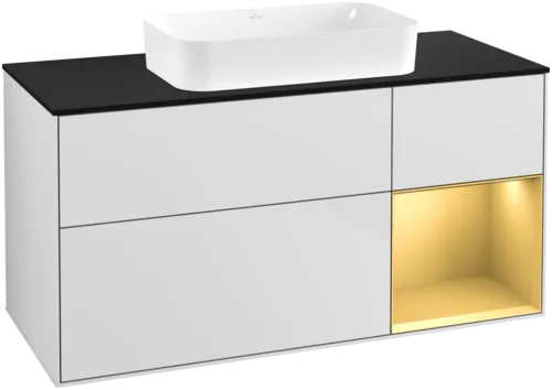 Bild von VILLEROY BOCH Finion Waschbeckenunterschrank, mit Beleuchtung, 3 Auszüge, 1200 x 603 x 501 mm, White Matt Lacquer / Gold Matt Lacquer / Glass Black Matt #G712HFMT