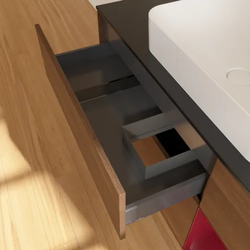 Bild von VILLEROY BOCH Finion Waschbeckenunterschrank, mit Beleuchtung, 3 Auszüge, 1200 x 603 x 501 mm, Walnut Veneer / Peony Matt Lacquer / Glass Black Matt #G712HBGN