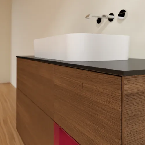 Bild von VILLEROY BOCH Finion Waschbeckenunterschrank, mit Beleuchtung, 3 Auszüge, 1200 x 603 x 501 mm, Walnut Veneer / Peony Matt Lacquer / Glass Black Matt #G712HBGN