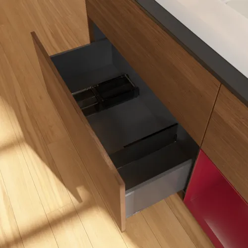 Bild von VILLEROY BOCH Finion Waschbeckenunterschrank, mit Beleuchtung, 3 Auszüge, 1200 x 603 x 501 mm, Walnut Veneer / Peony Matt Lacquer / Glass Black Matt #G712HBGN