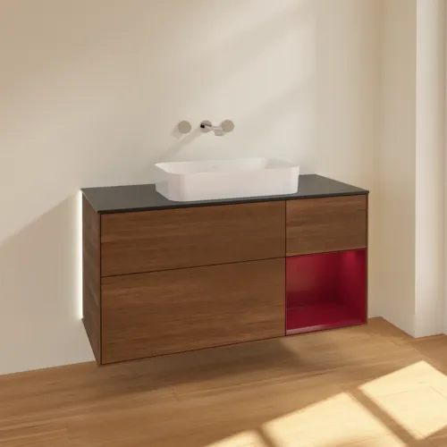 Bild von VILLEROY BOCH Finion Waschbeckenunterschrank, mit Beleuchtung, 3 Auszüge, 1200 x 603 x 501 mm, Walnut Veneer / Peony Matt Lacquer / Glass Black Matt #G712HBGN