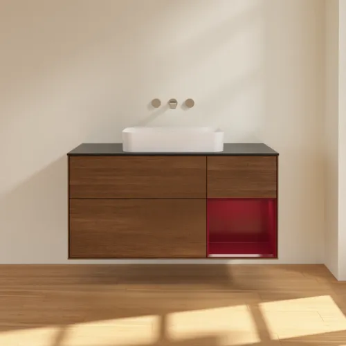 Bild von VILLEROY BOCH Finion Waschbeckenunterschrank, mit Beleuchtung, 3 Auszüge, 1200 x 603 x 501 mm, Walnut Veneer / Peony Matt Lacquer / Glass Black Matt #G712HBGN