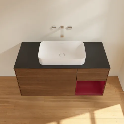 Bild von VILLEROY BOCH Finion Waschbeckenunterschrank, mit Beleuchtung, 3 Auszüge, 1200 x 603 x 501 mm, Walnut Veneer / Peony Matt Lacquer / Glass Black Matt #G712HBGN