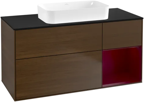 Bild von VILLEROY BOCH Finion Waschbeckenunterschrank, mit Beleuchtung, 3 Auszüge, 1200 x 603 x 501 mm, Walnut Veneer / Peony Matt Lacquer / Glass Black Matt #G712HBGN