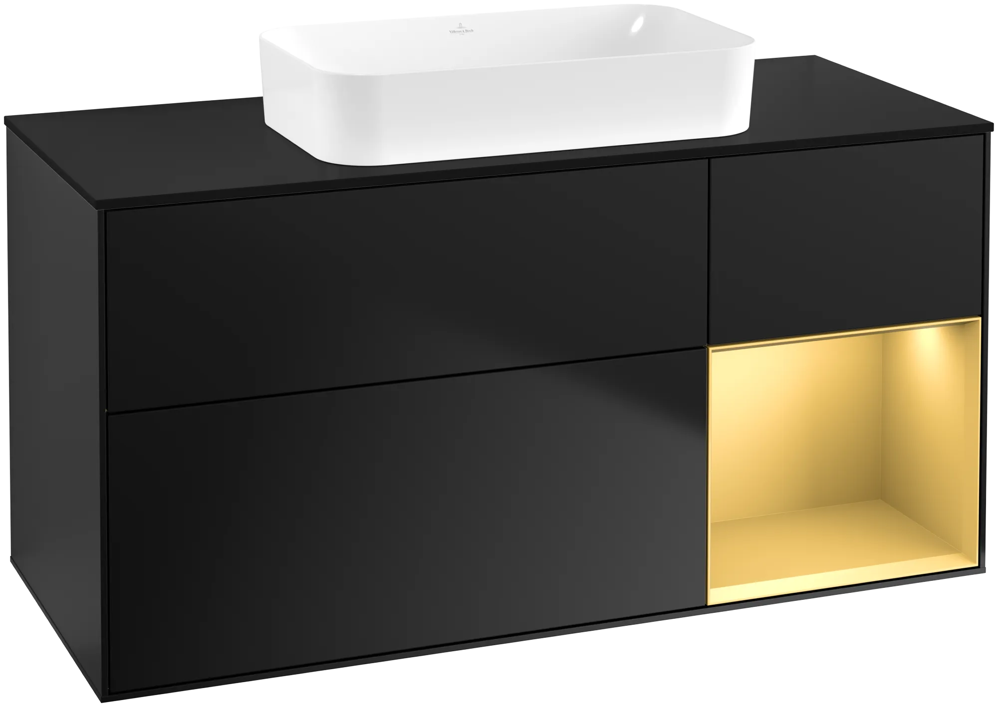 Bild von VILLEROY BOCH Finion Waschbeckenunterschrank, mit Beleuchtung, 3 Auszüge, 1200 x 603 x 501 mm, Black Matt Lacquer / Gold Matt Lacquer / Glass Black Matt #G712HFPD