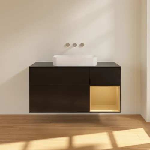 Picture of VILLEROY BOCH Finion Vanity unit, with lighting, 3 pull-out compartments, 1200 x 603 x 501 mm, Black Matt Lacquer / Gold Matt Lacquer / Glass Black Matt #G712HFPD