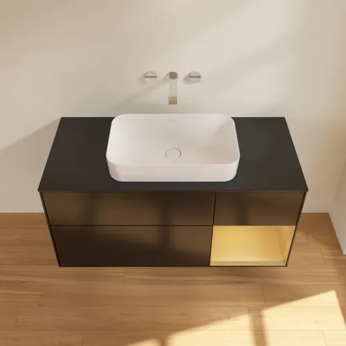 Picture of VILLEROY BOCH Finion Vanity unit, with lighting, 3 pull-out compartments, 1200 x 603 x 501 mm, Black Matt Lacquer / Gold Matt Lacquer / Glass Black Matt #G712HFPD