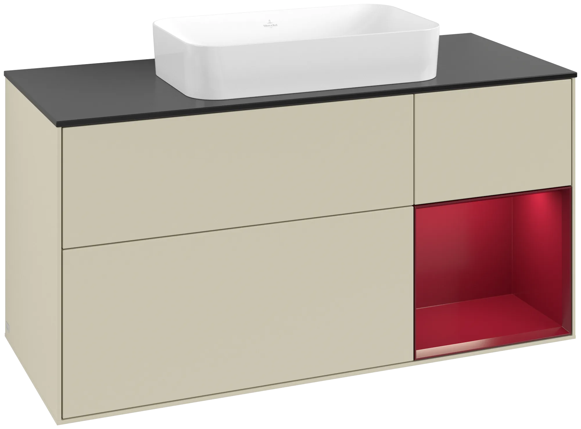 Bild von VILLEROY BOCH Finion Waschbeckenunterschrank, mit Beleuchtung, 3 Auszüge, 1200 x 603 x 501 mm, Silk Grey Matt Lacquer / Peony Matt Lacquer / Glass Black Matt #G712HBHJ