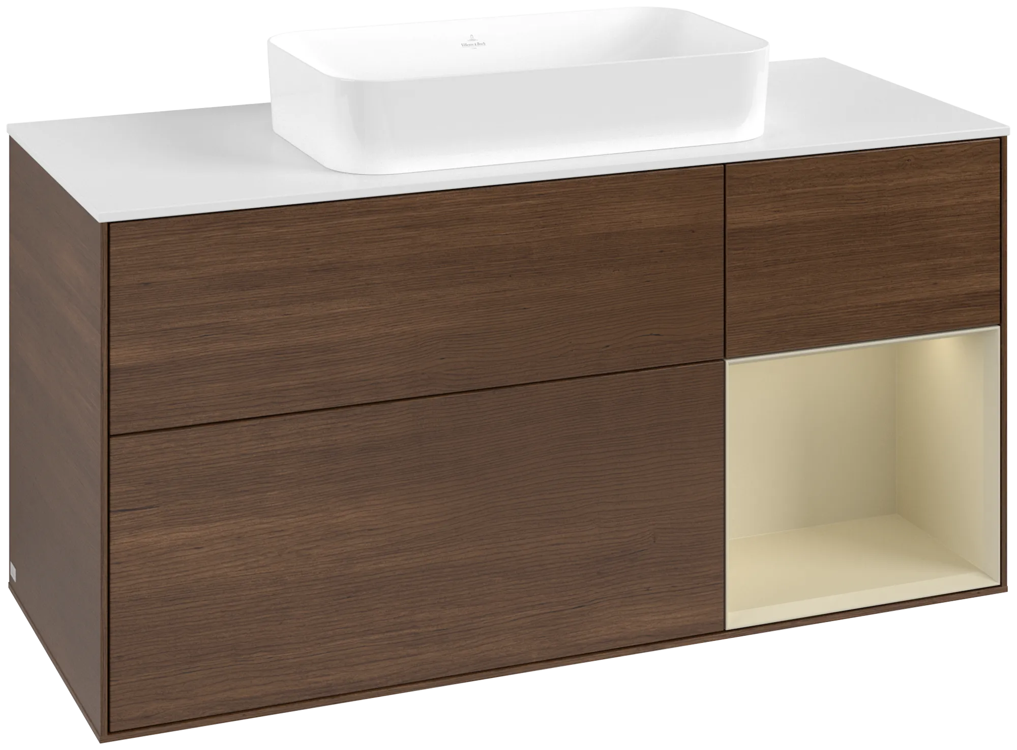 Bild von VILLEROY BOCH Finion Waschbeckenunterschrank, mit Beleuchtung, 3 Auszüge, 1200 x 603 x 501 mm, Walnut Veneer / Silk Grey Matt Lacquer / Glass White Matt #G711HJGN