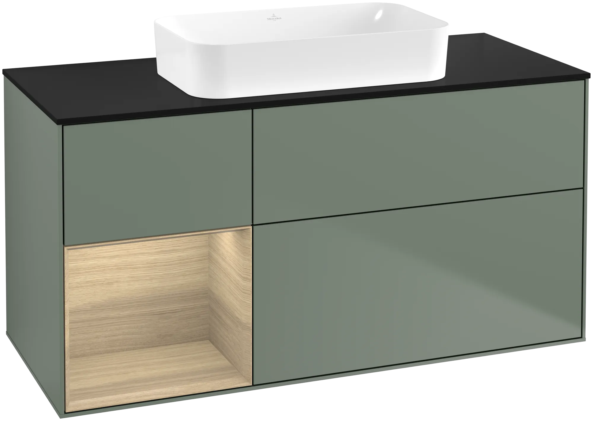 Bild von VILLEROY BOCH Finion Waschbeckenunterschrank, mit Beleuchtung, 3 Auszüge, 1200 x 603 x 501 mm, Olive Matt Lacquer / Oak Veneer / Glass Black Matt #G702PCGM