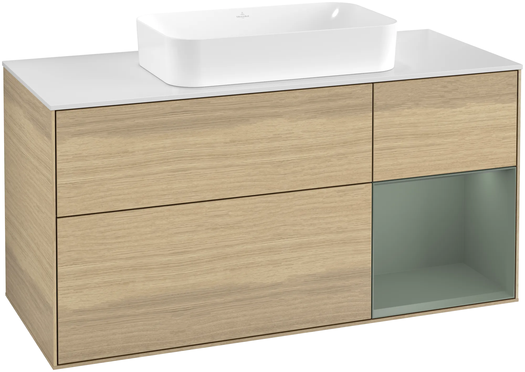 Bild von VILLEROY BOCH Finion Waschbeckenunterschrank, mit Beleuchtung, 3 Auszüge, 1200 x 603 x 501 mm, Oak Veneer / Olive Matt Lacquer / Glass White Matt #G711GMPC