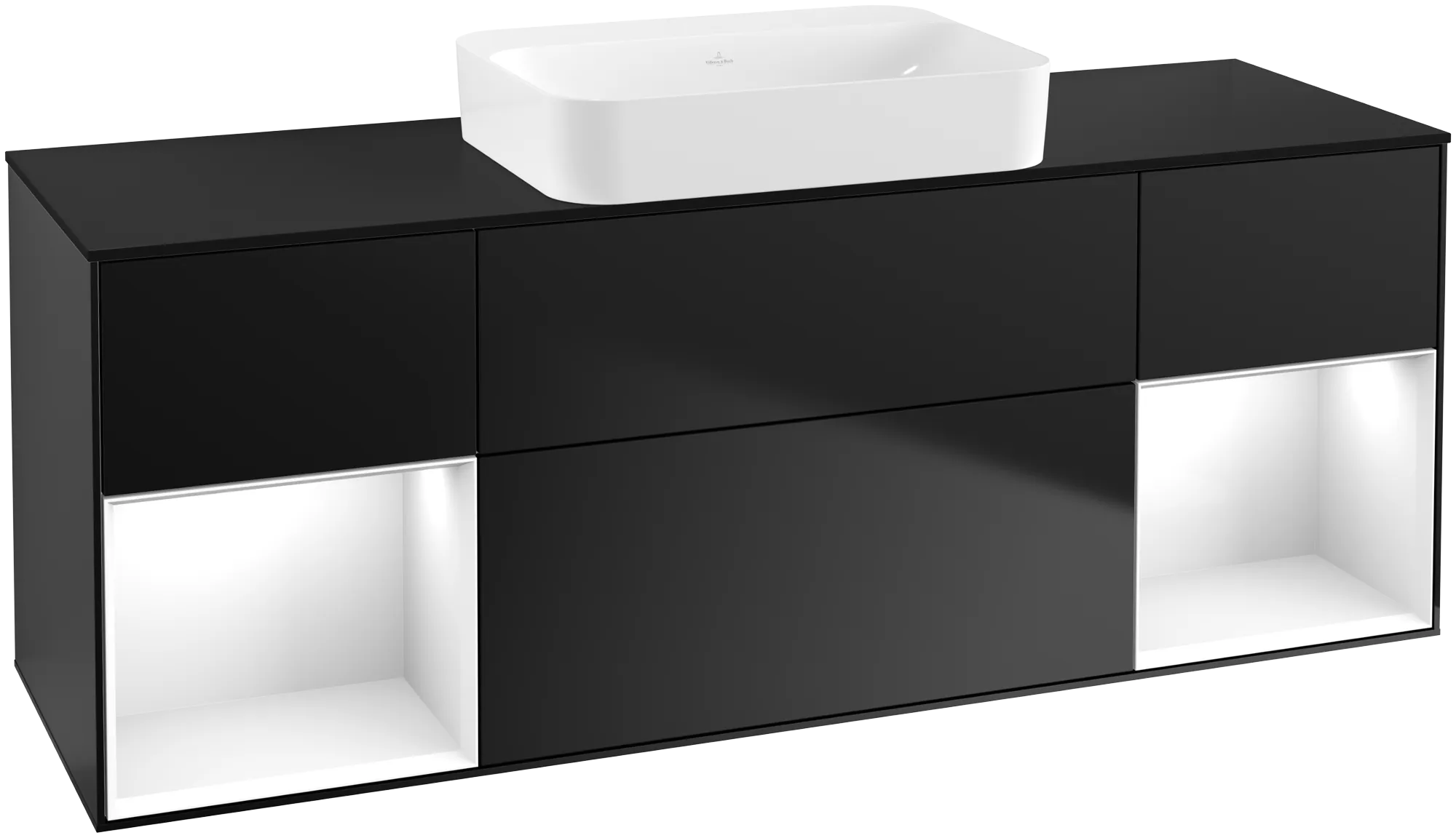 Bild von VILLEROY BOCH Finion Waschbeckenunterschrank, mit Beleuchtung, 4 Auszüge, 1600 x 603 x 501 mm, Black Matt Lacquer / Glossy White Lacquer / Glass Black Matt #G742GFPD