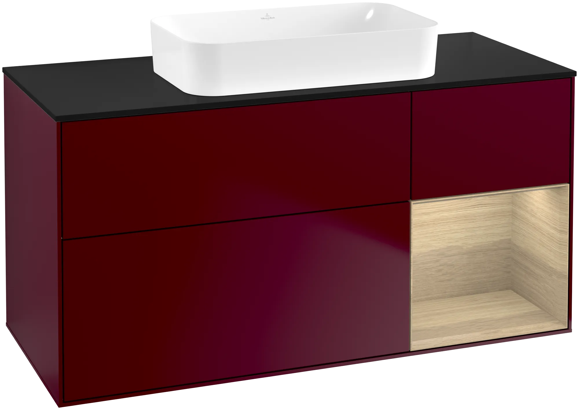 Bild von VILLEROY BOCH Finion Waschbeckenunterschrank, mit Beleuchtung, 3 Auszüge, 1200 x 603 x 501 mm, Peony Matt Lacquer / Oak Veneer / Glass Black Matt #G712PCHB