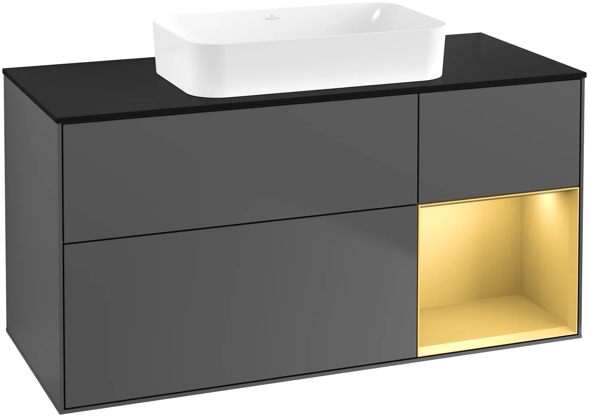 Bild von VILLEROY BOCH Finion Waschbeckenunterschrank, mit Beleuchtung, 3 Auszüge, 1200 x 603 x 501 mm, Anthracite Matt Lacquer / Gold Matt Lacquer / Glass Black Matt #G712HFGK