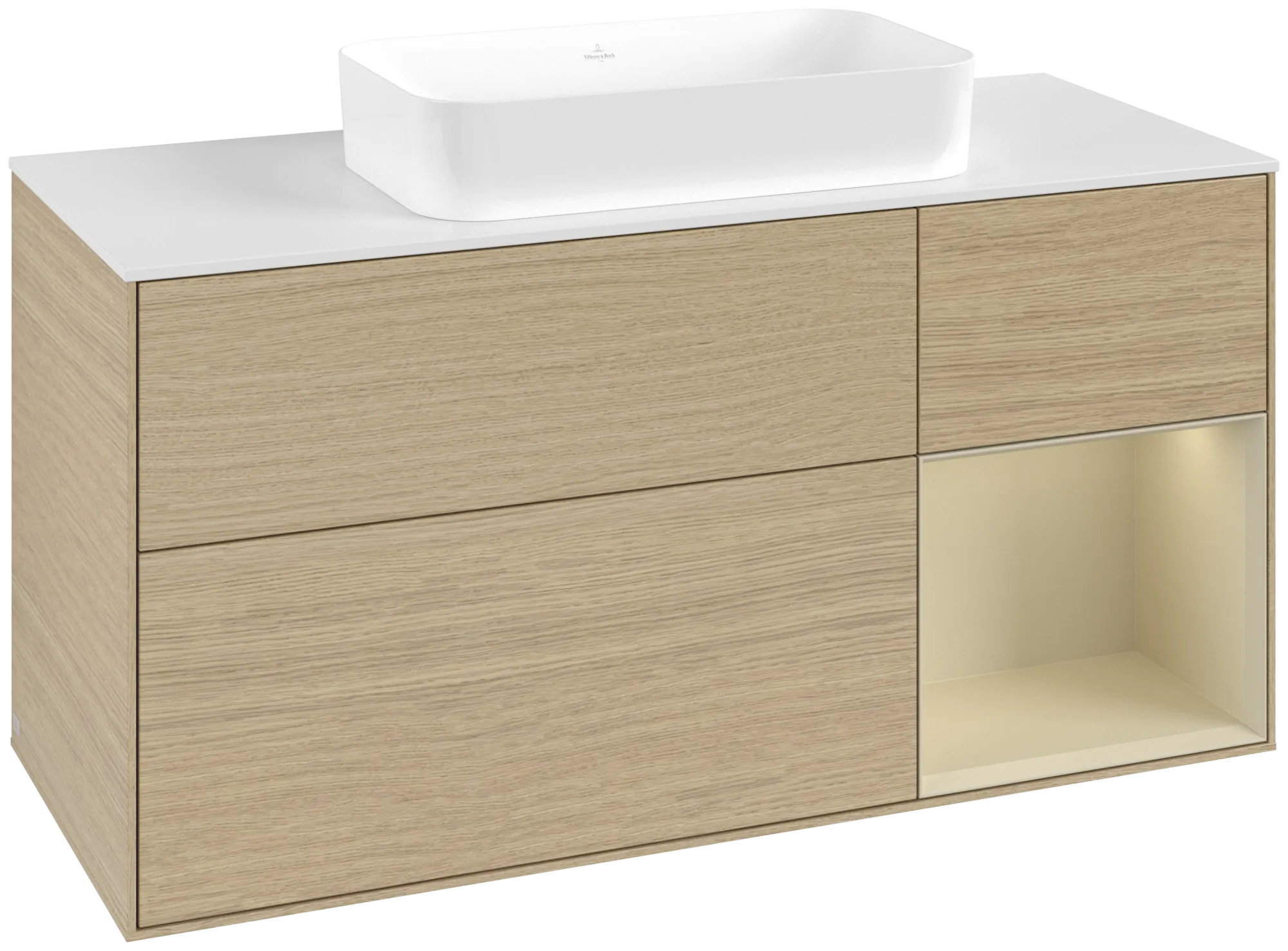 Bild von VILLEROY BOCH Finion Waschbeckenunterschrank, mit Beleuchtung, 3 Auszüge, 1200 x 603 x 501 mm, Oak Veneer / Silk Grey Matt Lacquer / Glass White Matt #G711HJPC