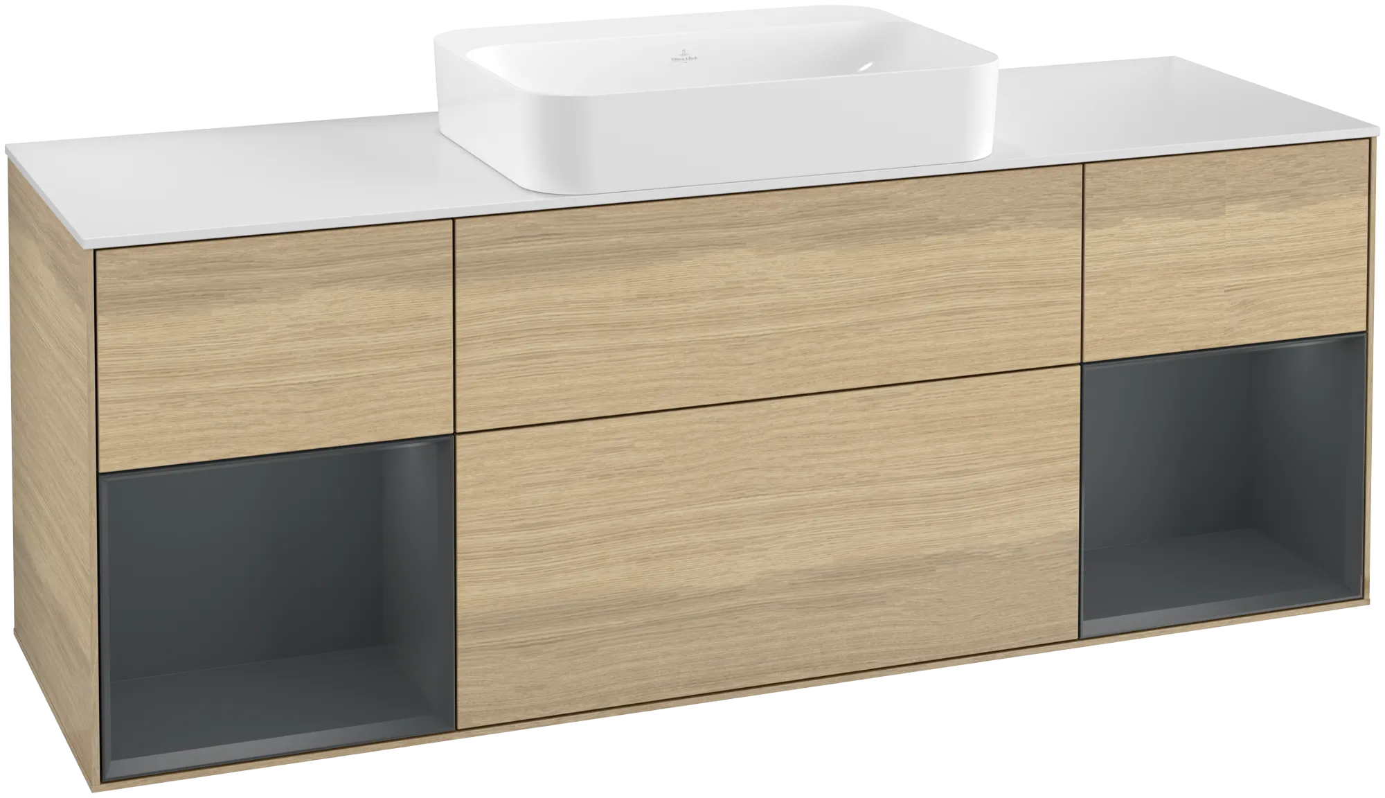 Bild von VILLEROY BOCH Finion Waschbeckenunterschrank, mit Beleuchtung, 4 Auszüge, 1600 x 603 x 501 mm, Oak Veneer / Midnight Blue Matt Lacquer / Glass White Matt #G741HGPC