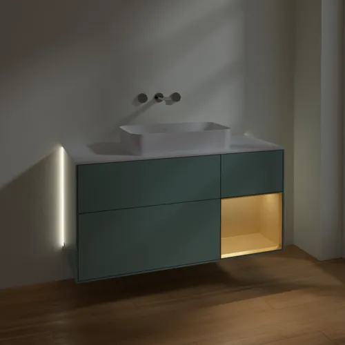 Bild von VILLEROY BOCH Finion Waschbeckenunterschrank, mit Beleuchtung, 3 Auszüge, 1200 x 603 x 501 mm, Olive Matt Lacquer / Gold Matt Lacquer / Glass White Matt #G711HFGM