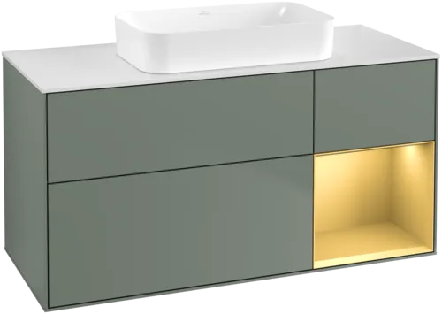 Bild von VILLEROY BOCH Finion Waschbeckenunterschrank, mit Beleuchtung, 3 Auszüge, 1200 x 603 x 501 mm, Olive Matt Lacquer / Gold Matt Lacquer / Glass White Matt #G711HFGM