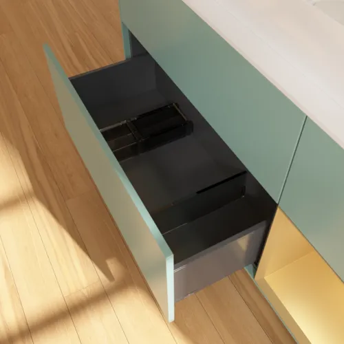 Bild von VILLEROY BOCH Finion Waschbeckenunterschrank, mit Beleuchtung, 3 Auszüge, 1200 x 603 x 501 mm, Olive Matt Lacquer / Gold Matt Lacquer / Glass White Matt #G711HFGM
