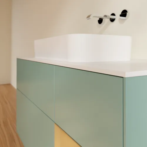 Bild von VILLEROY BOCH Finion Waschbeckenunterschrank, mit Beleuchtung, 3 Auszüge, 1200 x 603 x 501 mm, Olive Matt Lacquer / Gold Matt Lacquer / Glass White Matt #G711HFGM