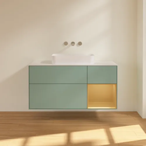 Bild von VILLEROY BOCH Finion Waschbeckenunterschrank, mit Beleuchtung, 3 Auszüge, 1200 x 603 x 501 mm, Olive Matt Lacquer / Gold Matt Lacquer / Glass White Matt #G711HFGM
