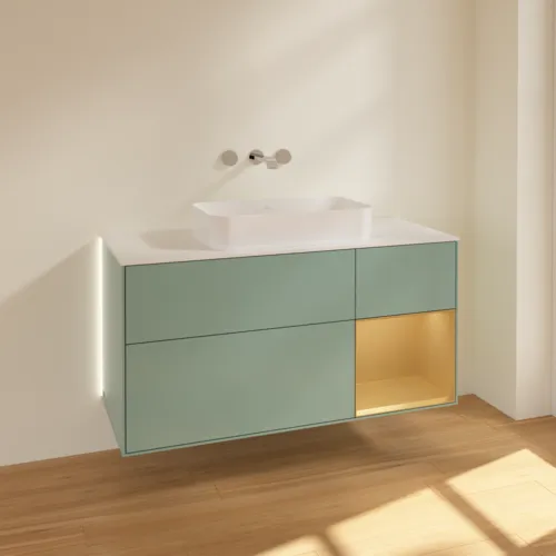 Bild von VILLEROY BOCH Finion Waschbeckenunterschrank, mit Beleuchtung, 3 Auszüge, 1200 x 603 x 501 mm, Olive Matt Lacquer / Gold Matt Lacquer / Glass White Matt #G711HFGM